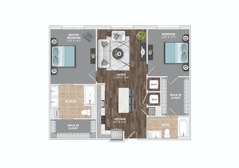 Floor plan for 2 beds, 2 baths, 1074 sqft